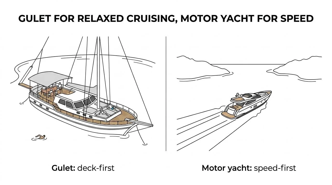 Side-by-side comparison of a traditional gulet and a motor yacht with labeled differences in cruising pace, deck space, range, and operating cost.