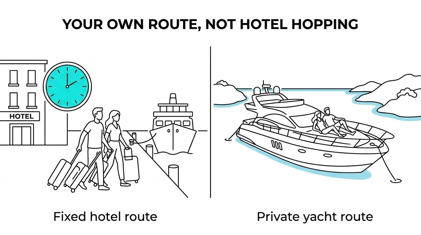 Side-by-side comparison of a hotel-based Greek island honeymoon and a completely private, crewed honeymoon yacht charter.