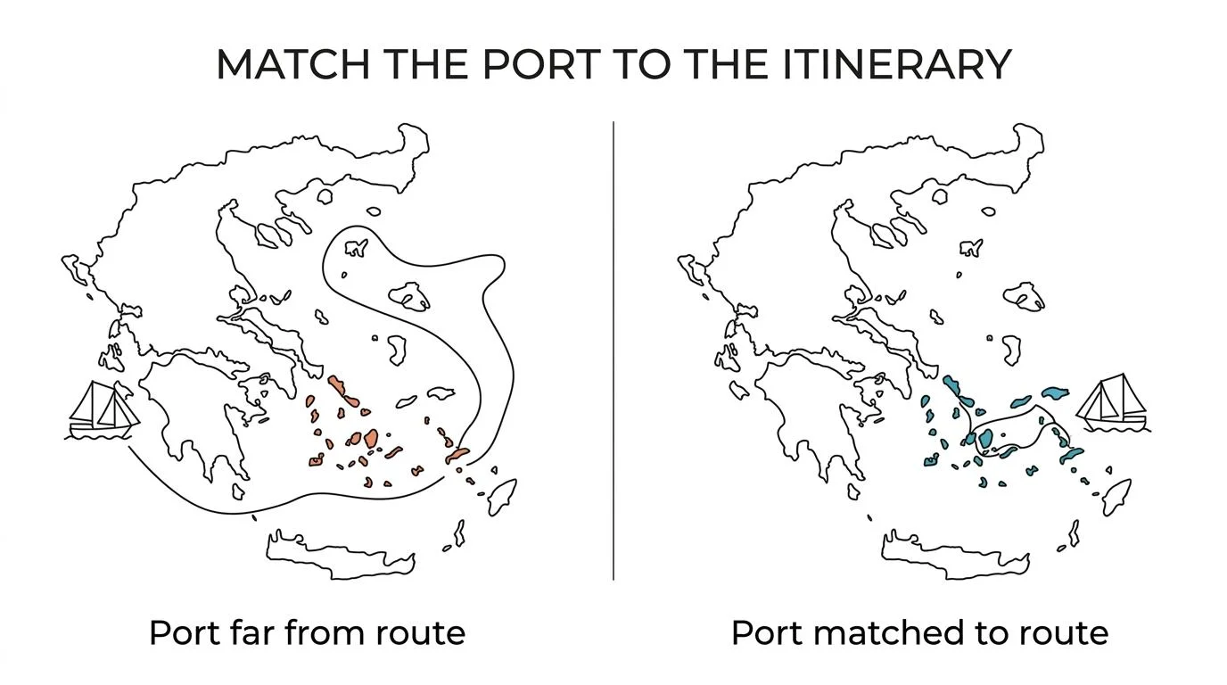 Side-by-side comparison of Athens, Rhodes, Kos and Corfu as gulet departure ports, showing their best route styles and access advantages.