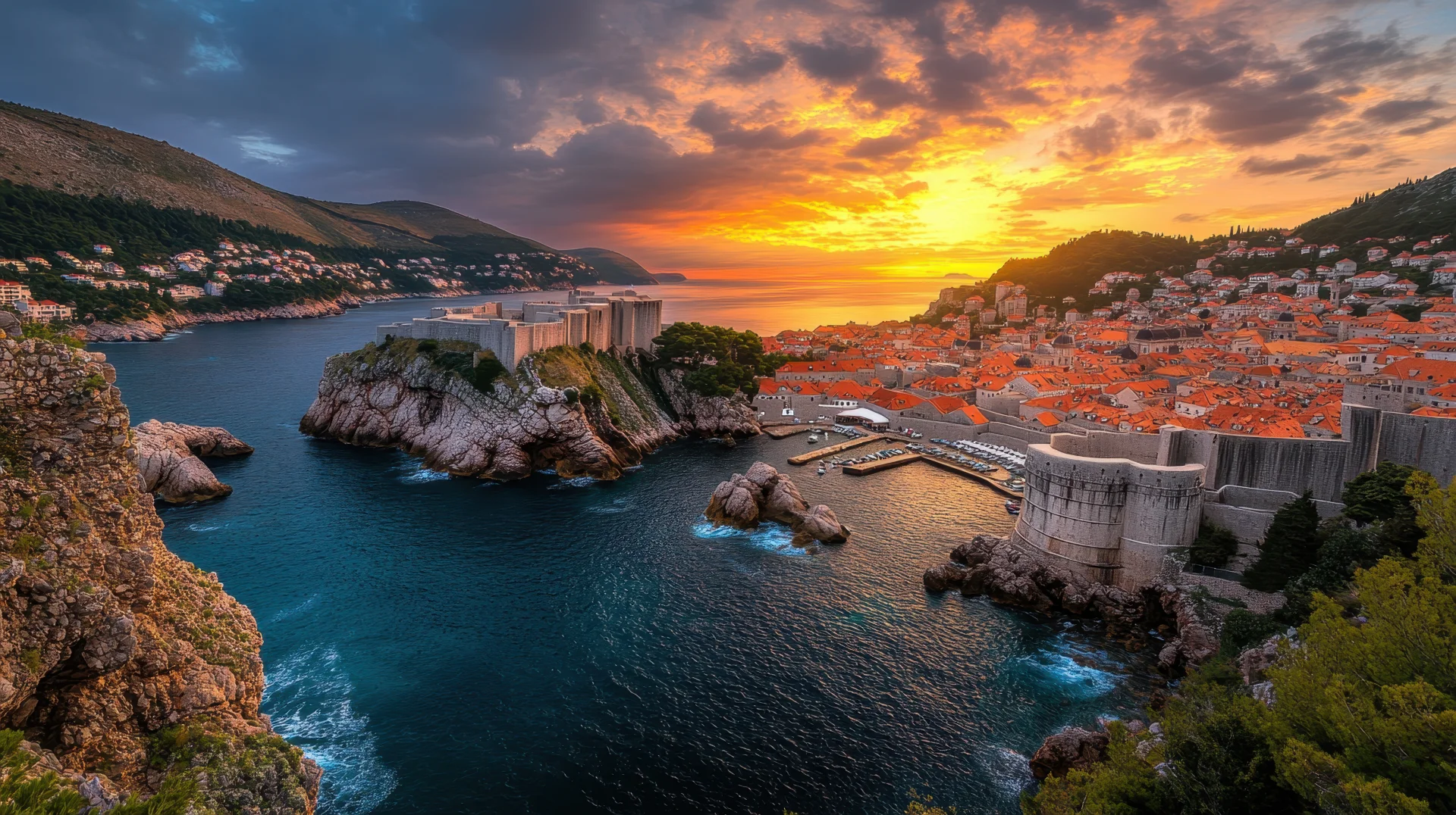 A dramatic sunset over Dubrovnik, highlighting Fort Lovrijenac, the ancient city walls, and the rugged Adriatic coastline.