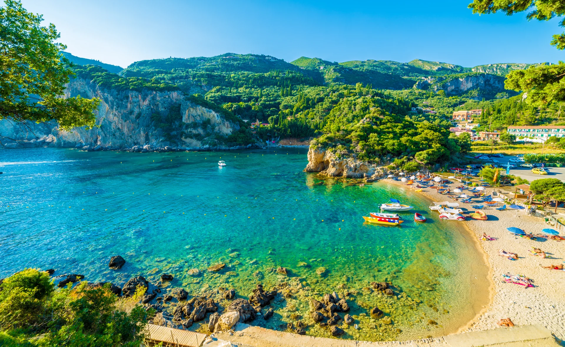 Emerald waters lapping a secluded Corfu beach cove, beautifully framed by dramatic, pine-clad limestone cliffs.