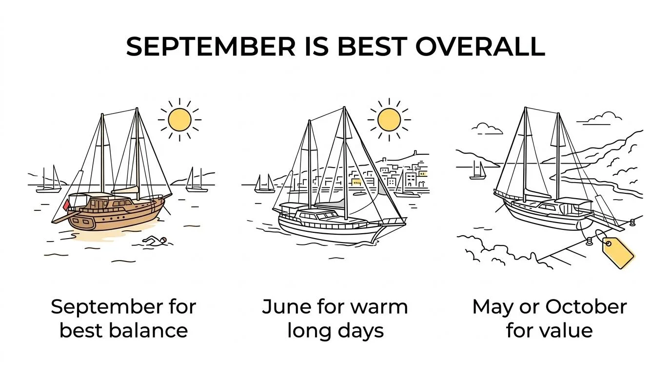 Six labeled month panels from May to October showing typical warmth, crowd levels, price level, and what each month suits best.
