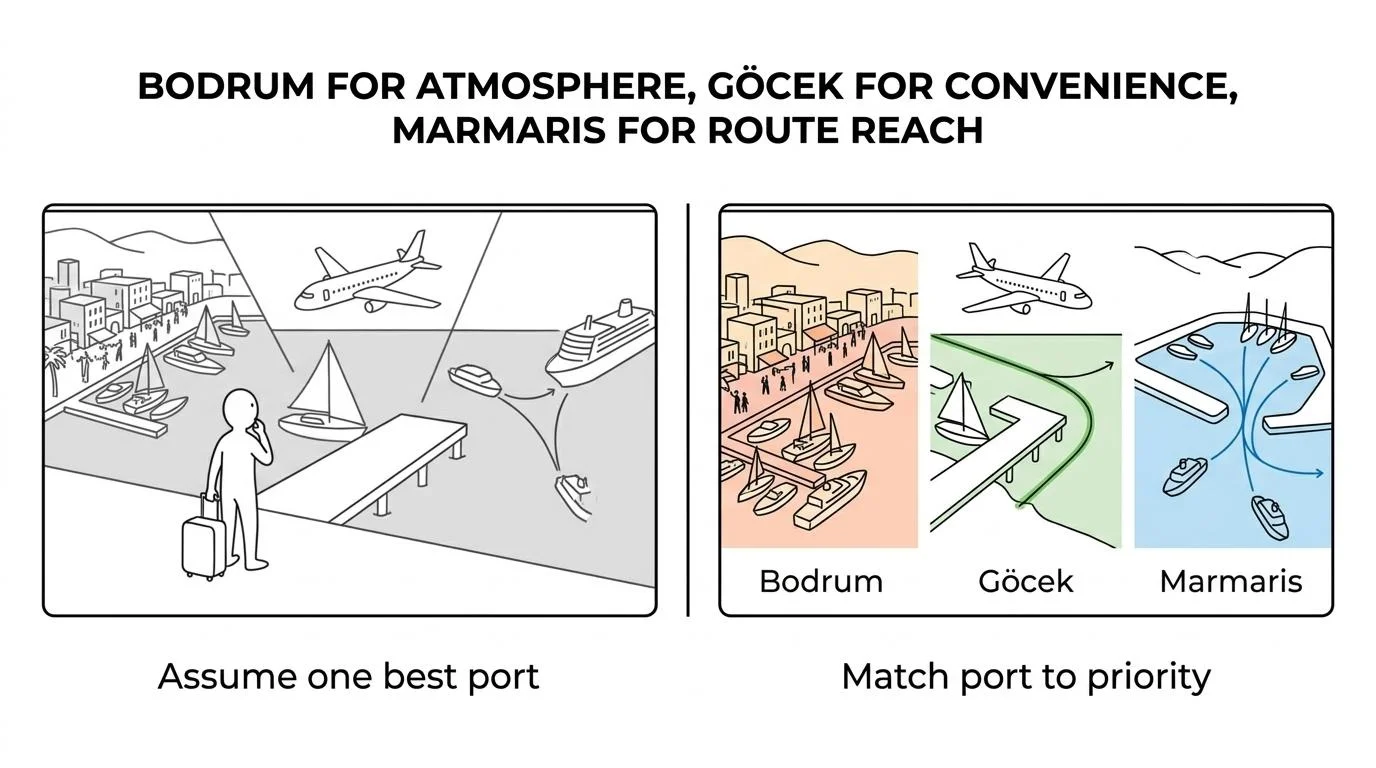 Bodrum, Göcek, and Marmaris compared by transfer ease, town atmosphere, marina strength, and ideal traveler fit.