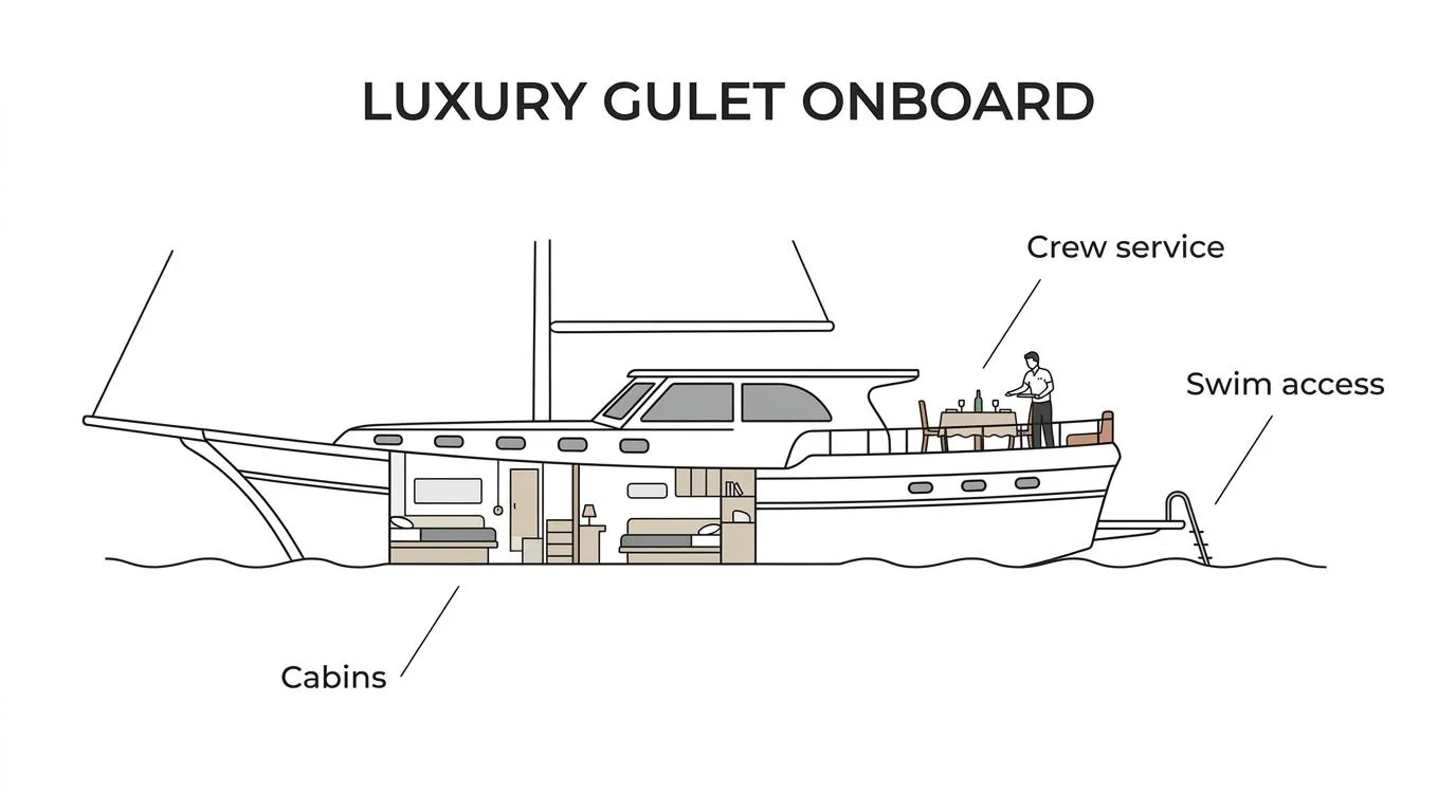 Typical layout of a luxury gulet, with guest cabins, sun deck, dining areas, lounge and swim platform